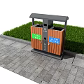 Outdoor Public Waste Bin With Double Compartments Wooden Panels Metal Frame And Grass Area