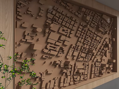 3D Urban Silhouette Background Wall with Wooden Frame and Green Plant Accents 3d model