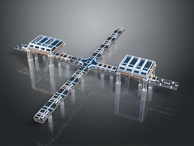 Modern Cross Shaped Building With Two Square Structures Central Connector Supporting Columns And Glass Reflections 3d model