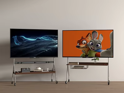 Two Televisions with Blue Wave Pattern and Animated Character Screens on Wheeled Metal Stands 3d model