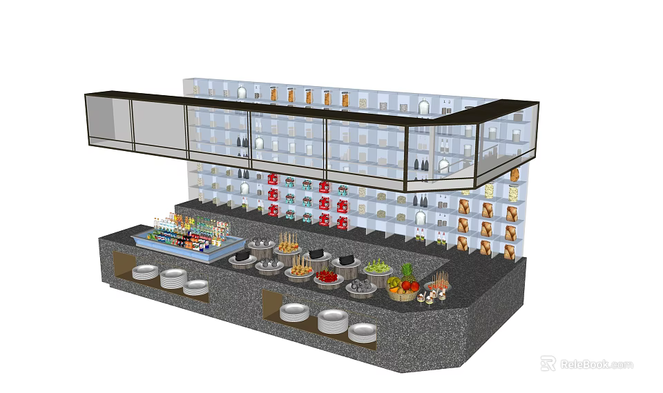 Stylish Food Display Area Featuring Multi Tiered Shelves Various Foods And Round Containers 3d model 