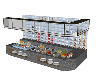 Stylish Food Display Area Featuring Multi Tiered Shelves Various Foods And Round Containers 3d model