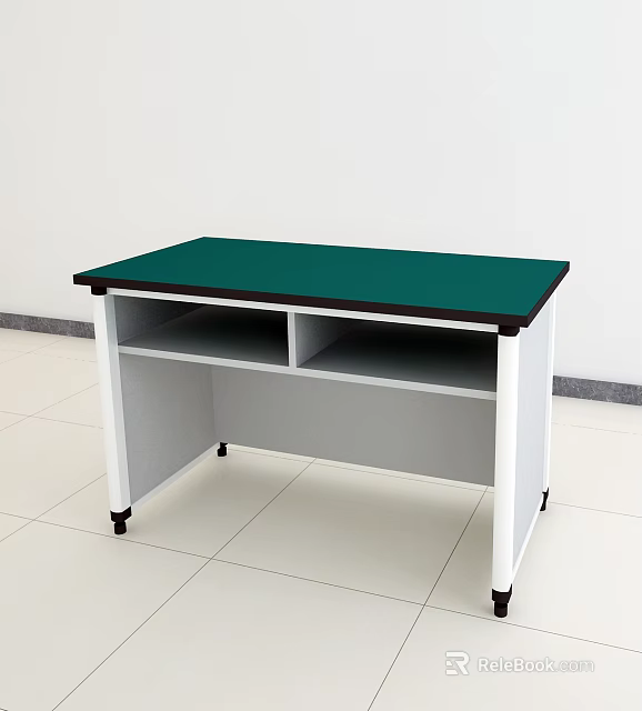 Functional Desk with Green Tabletop White Frame and Two Compartment Shelf on Wheels 3d model