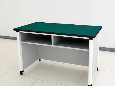 Functional Desk with Green Tabletop White Frame and Two Compartment Shelf on Wheels 3d model