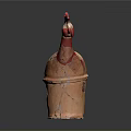 Ceramic Rooster Sculpture With Red Accents Light Colored Body And Cylindrical Base Cracked Details