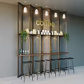 Modern Cafe Interior With Coffee Sign Metal Grid Wall Green Plants Wooden Bar And Black Stools