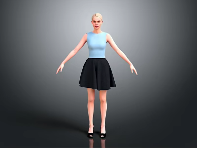 Woman In Blue Sleeveless Top Black Short Skirt And Black High Heels With Gray Background 3d model