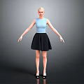 Woman In Blue Sleeveless Top Black Short Skirt And Black High Heels With Gray Background
