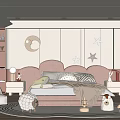 Cozy Kids Room Interior With Pink Headboard Star Wall Decor Stuffed Toys And Rug