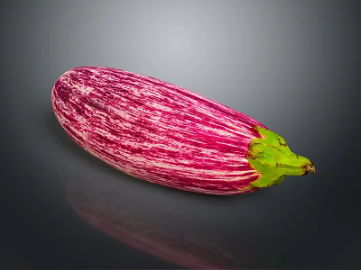 Fresh Purple Striped Eggplant with Green Stem on Dark Reflective Surface 3d model