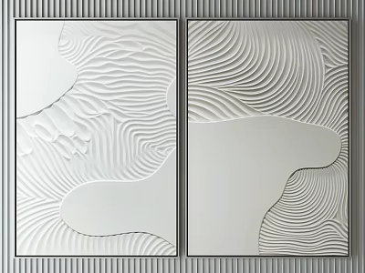 Two White Wall Art Paintings With Wavy Texture And Geometric Shapes In Black Frames 3d model