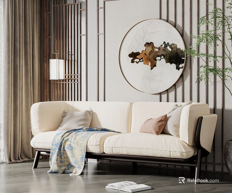 Modern Beige Two Seater Sofa with Decorative Pillows Throw Blanket and Circular Wall Art 3d model 