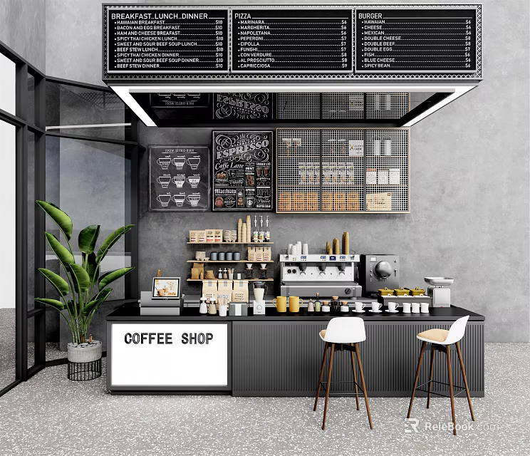 Modern Coffee Shop Reception Counter With Menu Boards Coffee Machines Plants And Stools 3d model 