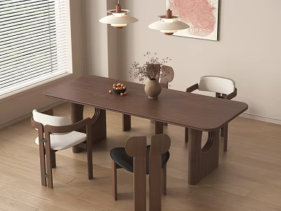 Wooden Dining Table Set With Mixed Color Chairs Pendant Lights And Abstract Painting 3d model