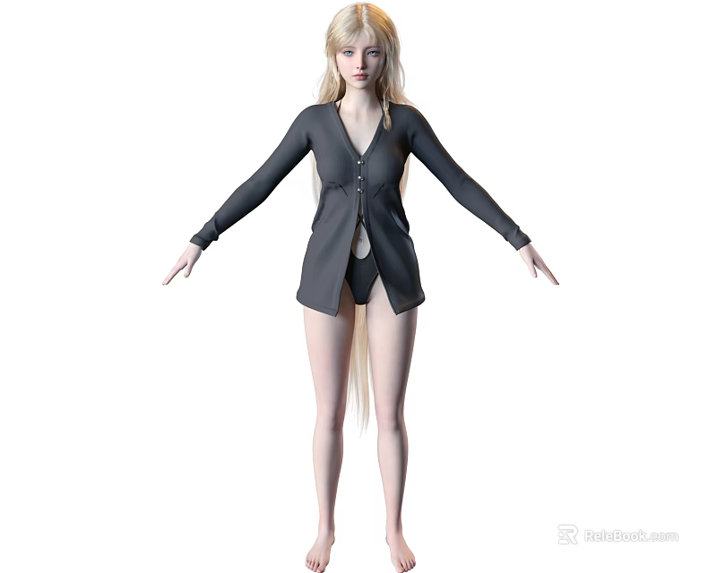 Woman with Long Golden Hair Wearing Black Long Sleeve Cardigan Black Shorts Barefoot Arms Outstretched 3d model 