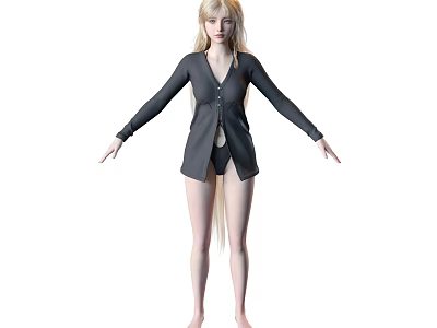 Woman with Long Golden Hair Wearing Black Long Sleeve Cardigan Black Shorts Barefoot Arms Outstretched 3d model
