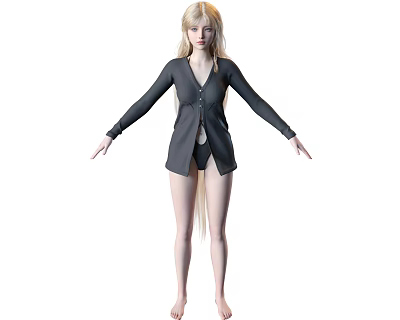 Woman with Long Golden Hair Wearing Black Long Sleeve Cardigan Black Shorts Barefoot Arms Outstretched 3d model