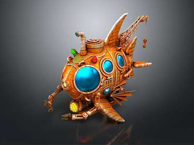 Steampunk Mechanical Fish Featuring Orange Body Blue Windows Pipes Claws And Hook 3d model