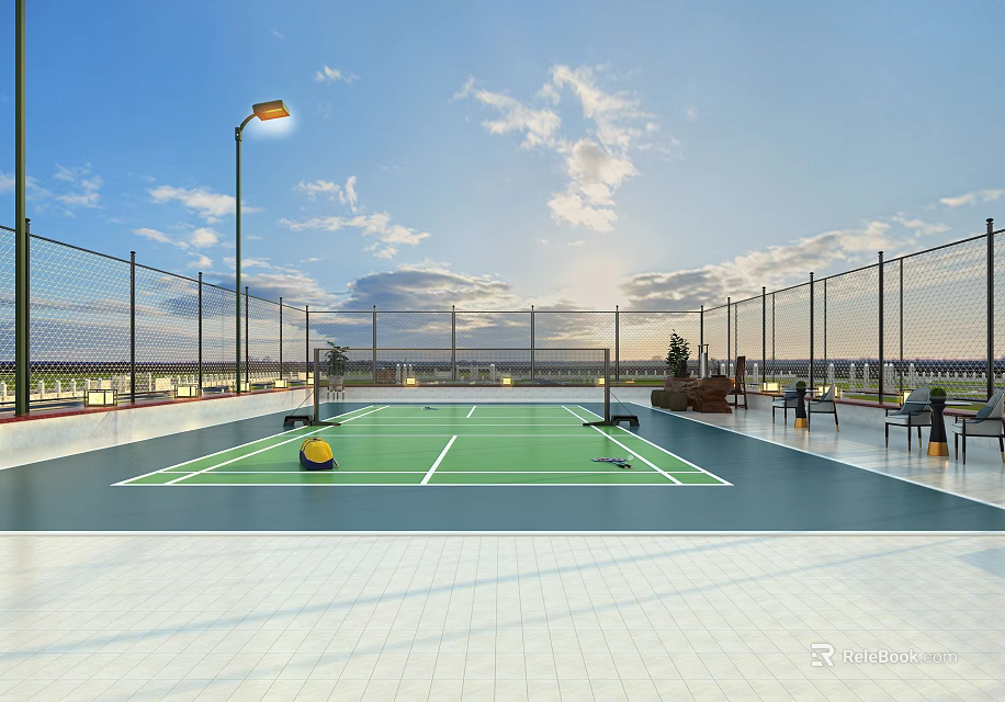 Rooftop Tennis Court With Green Surface White Lines Fencing Street Lamp And Yellow Ball 3d model 