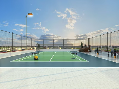 Rooftop Tennis Court With Green Surface White Lines Fencing Street Lamp And Yellow Ball 3d model