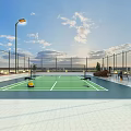 Rooftop Tennis Court With Green Surface White Lines Fencing Street Lamp And Yellow Ball