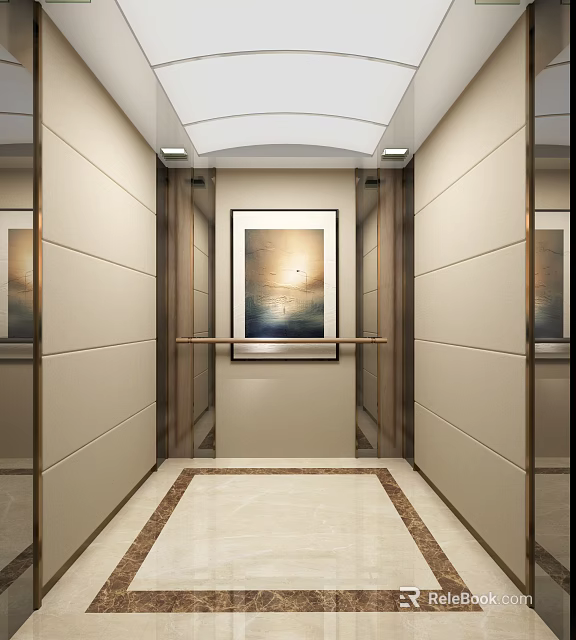 Stylish Elevator Interior Design With Beige Walls Mirrors Framed Artwork And Marble Flooring 3d model