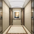 Stylish Elevator Interior Design With Beige Walls Mirrors Framed Artwork And Marble Flooring 3d model