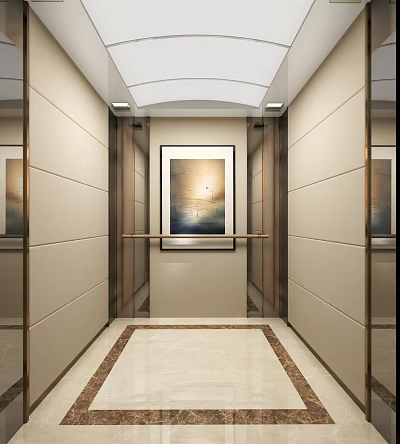 Stylish Elevator Interior Design With Beige Walls Mirrors Framed Artwork And Marble Flooring 3d model