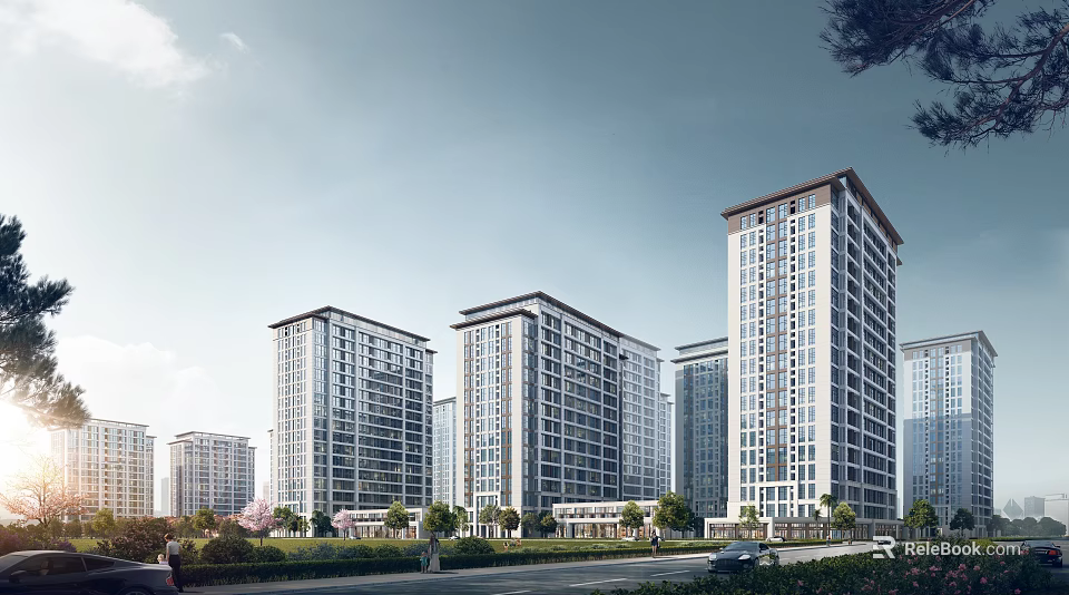 High Rise Residential Buildings With Green Landscaping Road And Vehicles 3d model 