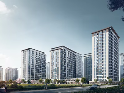High Rise Residential Buildings With Green Landscaping Road And Vehicles 3d model