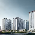 High Rise Residential Buildings With Green Landscaping Road And Vehicles