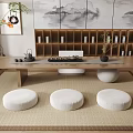 Japanese Style Tea Table With Floor Cushions On Tatami Mat Tea Set And Ink Paintings