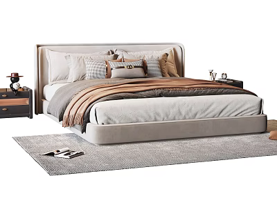 Elegant Double Bed With Beige Upholstered Headboard Multiple Pillows Bedside Tables Gray Rug And Magazine 3d model