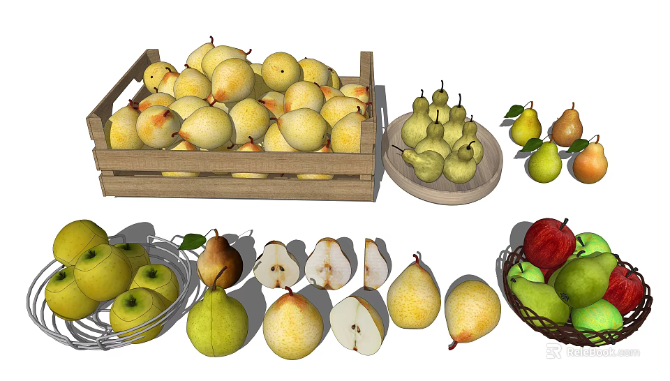 Assorted Fresh Pears In Wooden Crate And On Plate With Whole And Sliced Varieties 3d model 