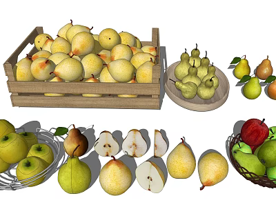 Assorted Fresh Pears In Wooden Crate And On Plate With Whole And Sliced Varieties 3d model