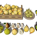 Assorted Fresh Pears In Wooden Crate And On Plate With Whole And Sliced Varieties