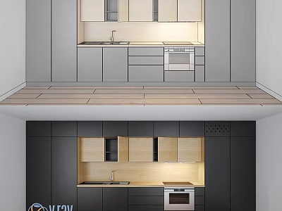 Elegant Modern Kitchen Interior With Light And Dark Cabinets Sink And Oven 3d model