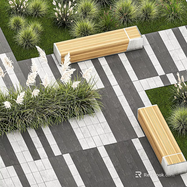 Black And White Striped Tiles Outdoor Ground With Green Grass And Wooden Benches 3d model 