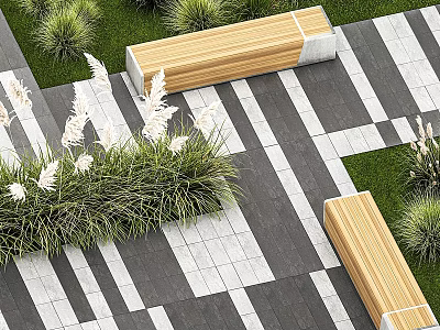 Black And White Striped Tiles Outdoor Ground With Green Grass And Wooden Benches 3d model
