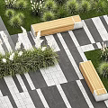 Black And White Striped Tiles Outdoor Ground With Green Grass And Wooden Benches