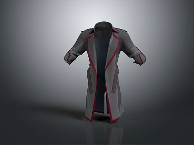 Gray Trench Coat With Red Trim Open Front And Belt Detail Design 3d model