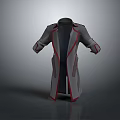 Gray Trench Coat With Red Trim Open Front And Belt Detail Design