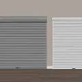 Gray And White Roller Doors With Striped Surface Against Beige Wall And Wooden Floor