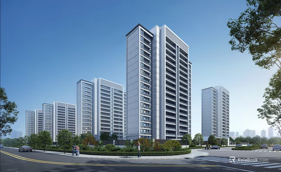 Modern High Rise Residential Buildings With Green Landscaping Trees Pedestrians And Clear Blue Sky 3d model 