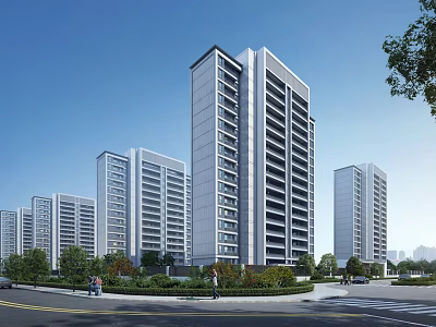 Modern High Rise Residential Buildings With Green Landscaping Trees Pedestrians And Clear Blue Sky 3d model