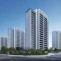 Modern High Rise Residential Buildings With Green Landscaping Trees Pedestrians And Clear Blue Sky
