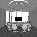 Modern Conference Room With White Meeting Table Wheeled Chairs And Large Screen TV