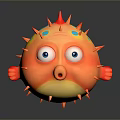 Cartoon Style Orange Puffer Fish with Red Spines Blue Spots and Big Eyes