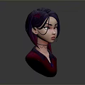 3D Character Head Model With Purple Hair Red Accessories Neck Ornament And Red Top