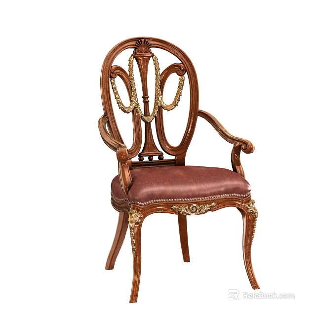 Elegant Wooden Dining Chair With Carved Frame Leather Seat And Gold Accent Details 3d model 